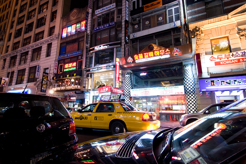 Korea Town Night, Neon, Cars